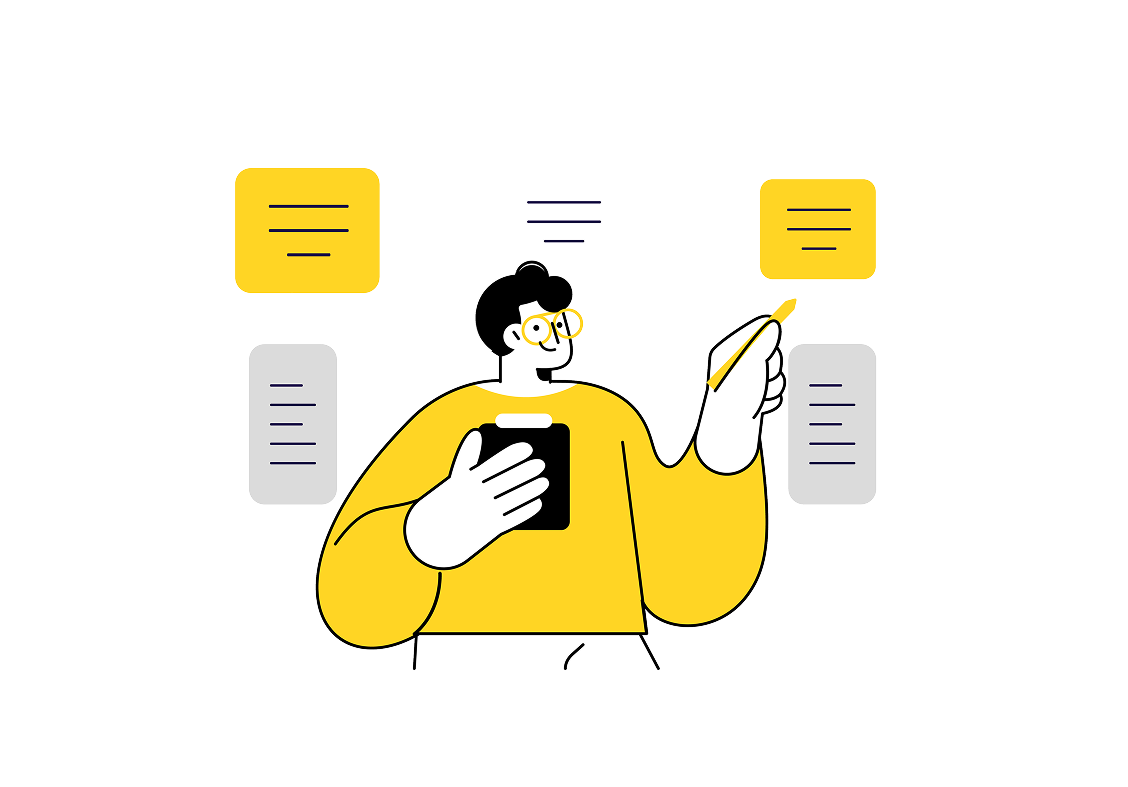 Person managing task management with clipboard and connected notes icons