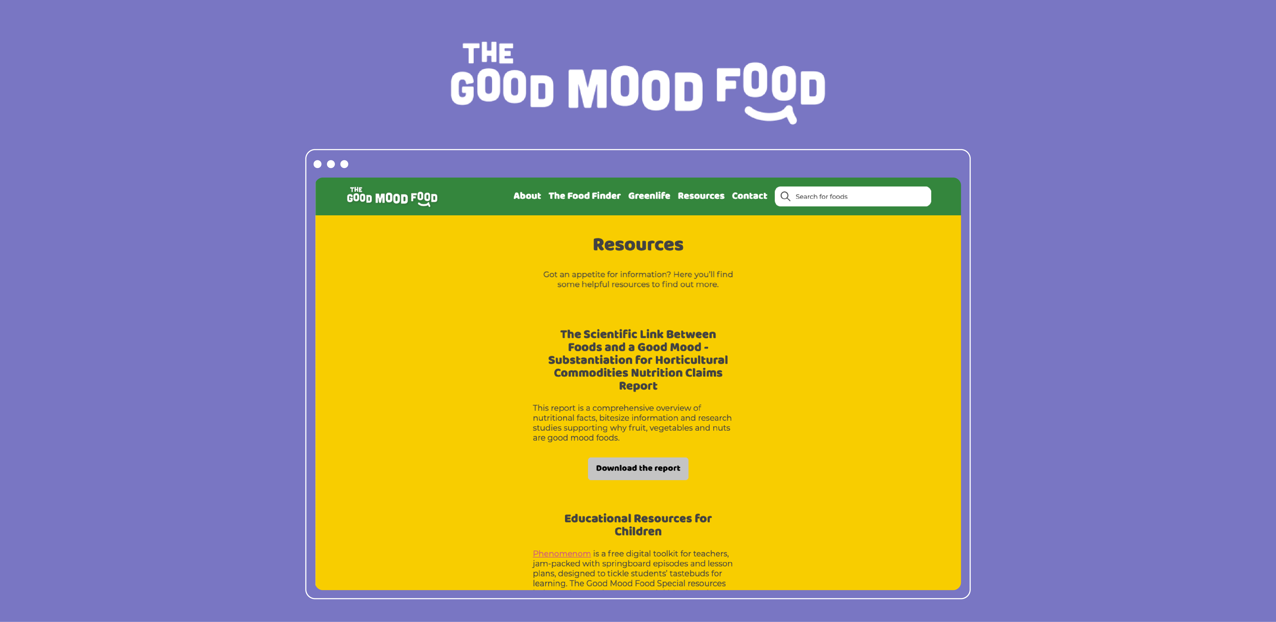 The Good Mood Food Resources page with nutrition and educational reports