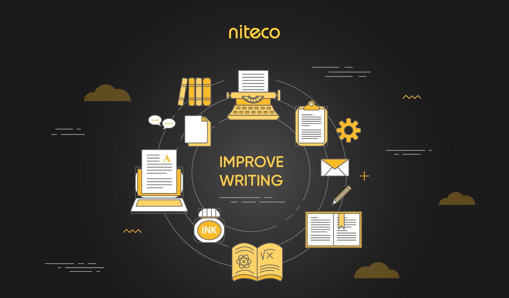 Niteco improve writing concept with typewriter, laptop, ink, book, and documents icons