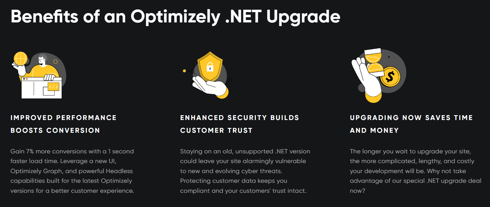 Benefits of an Optimizely .NET upgrade: improved performance, security, and saving time.