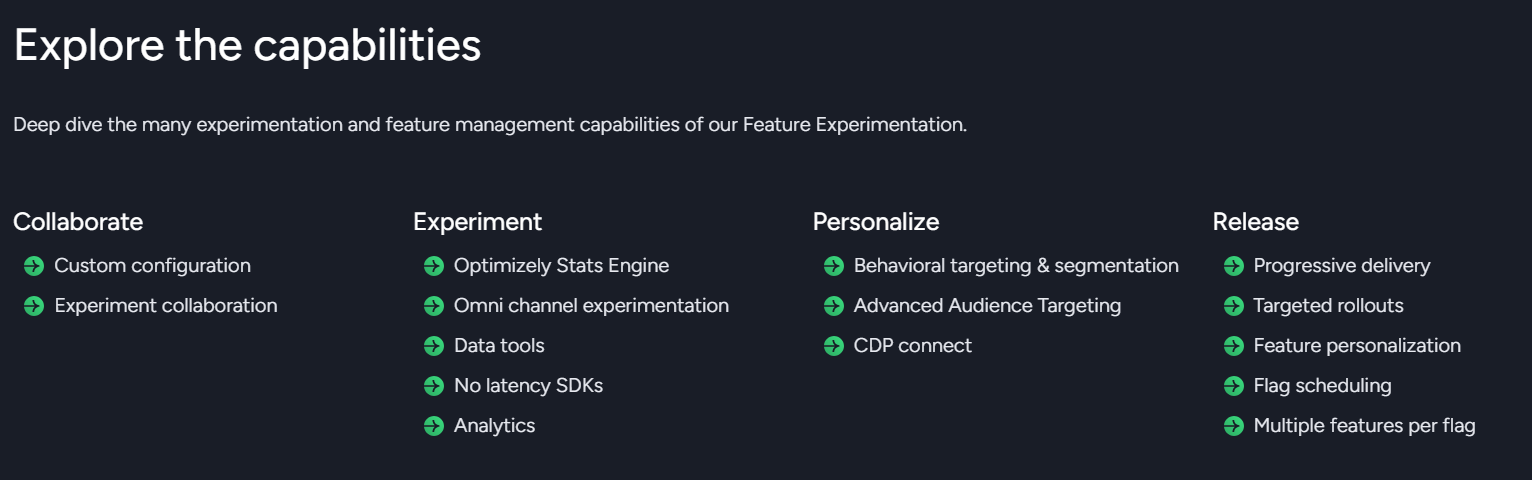 Explore feature experimentation capabilities with collaboration, personalization, release, and analytics tools