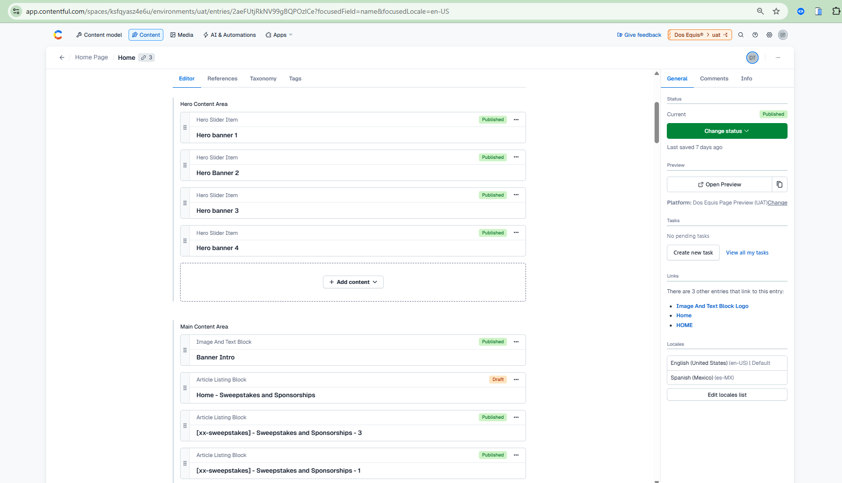 Contentful CMS Home Page editor showing Hero and Main Content Areas with published banners and blocks.