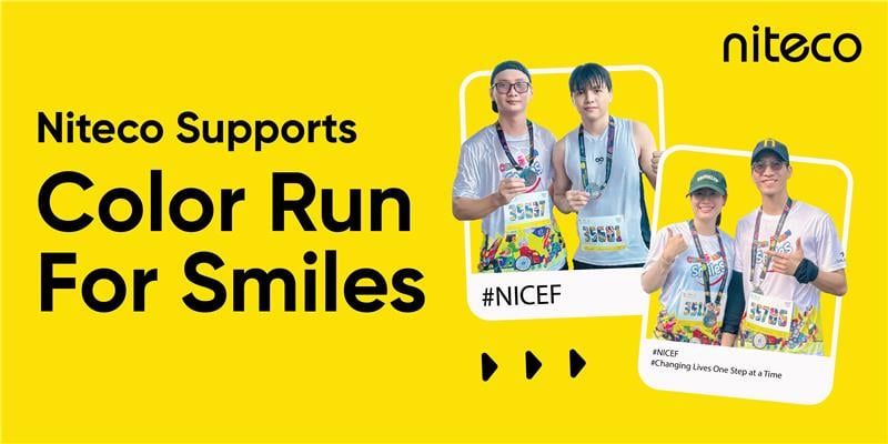 Niteco supports Color Run for Smiles with runners wearing race bibs and medals