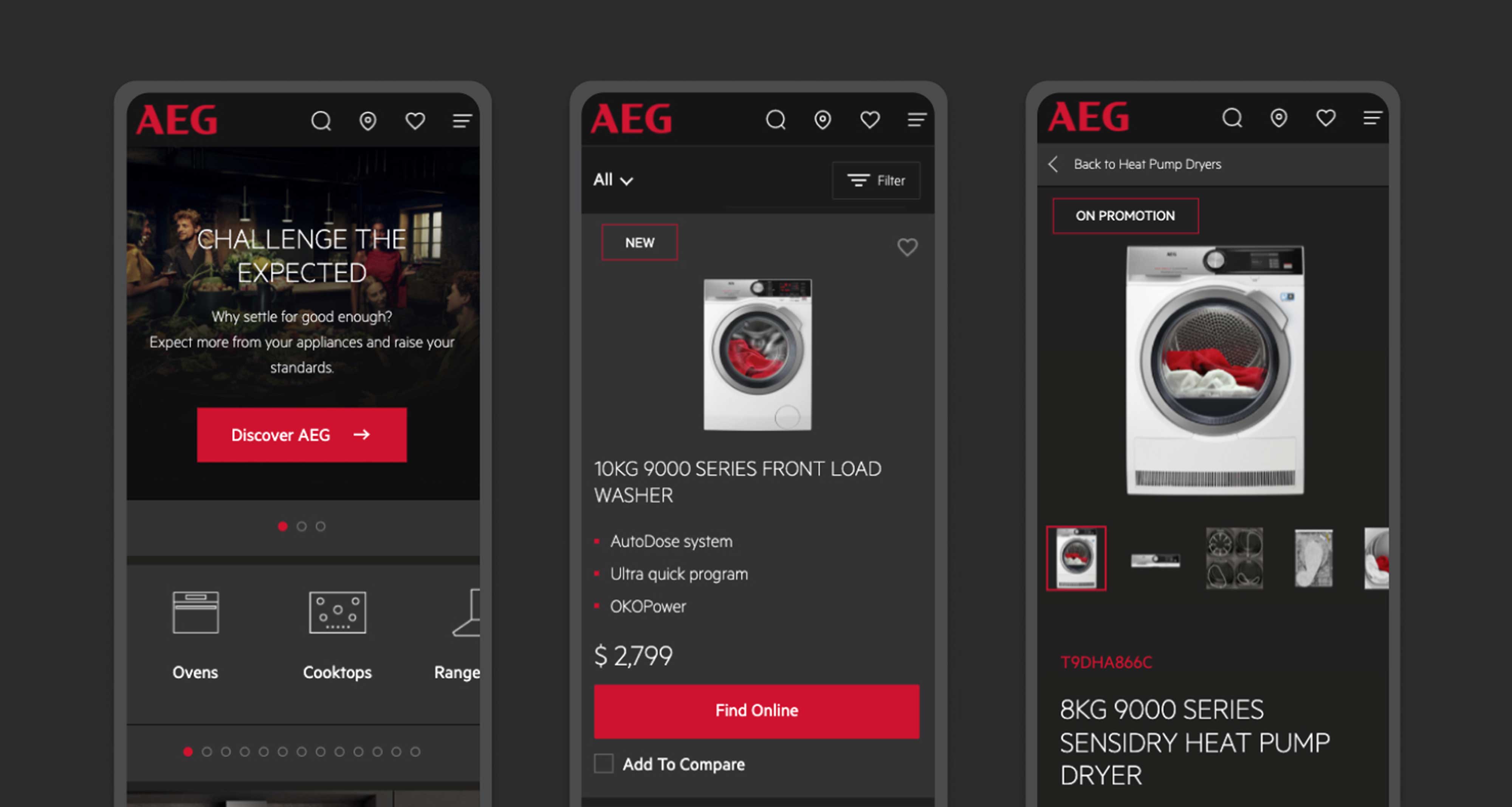 AEG washer and Sensidry heat pump dryer product pages on mobile app