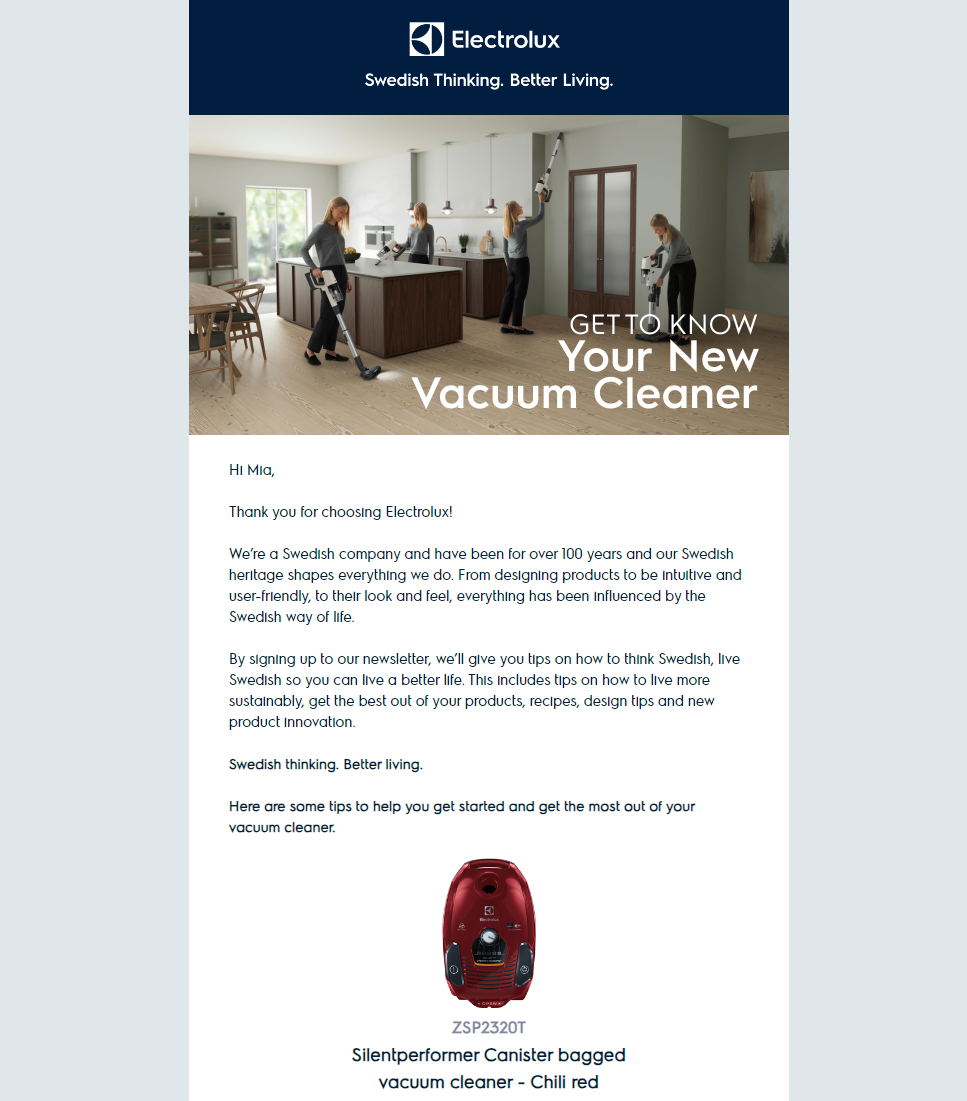 Electrolux vacuum cleaner use in modern kitchen with Swedish thinking slogan