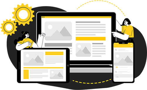 Responsive web design displayed on desktop, tablet, and mobile devices with settings gears