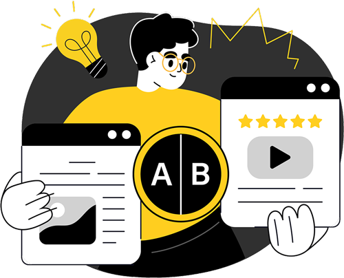 Person comparing A/B testing results with video ratings and graphs on screens