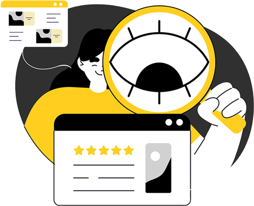 Person using magnifying glass to review five-star feedback on a website page