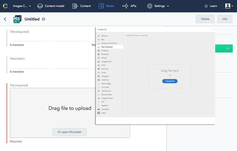 Content management system interface showing file upload options and drag-and-drop area