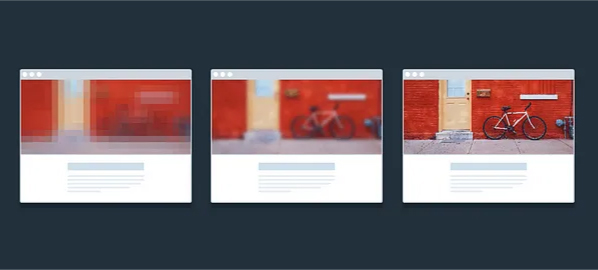 Progressive image loading showing a bicycle against a red wall in three stages