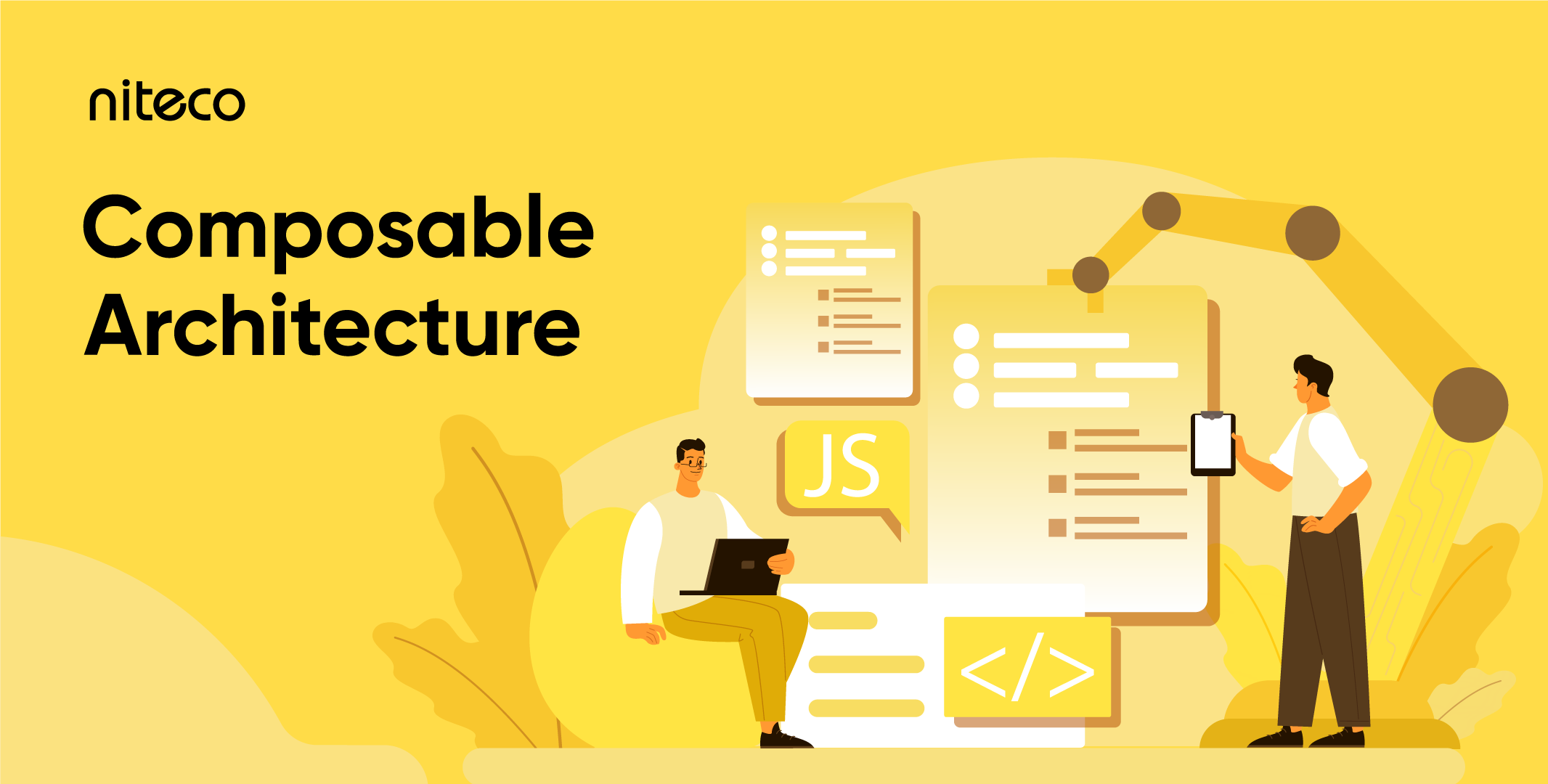 Composable Architecture with developers working on JavaScript code and automation arm