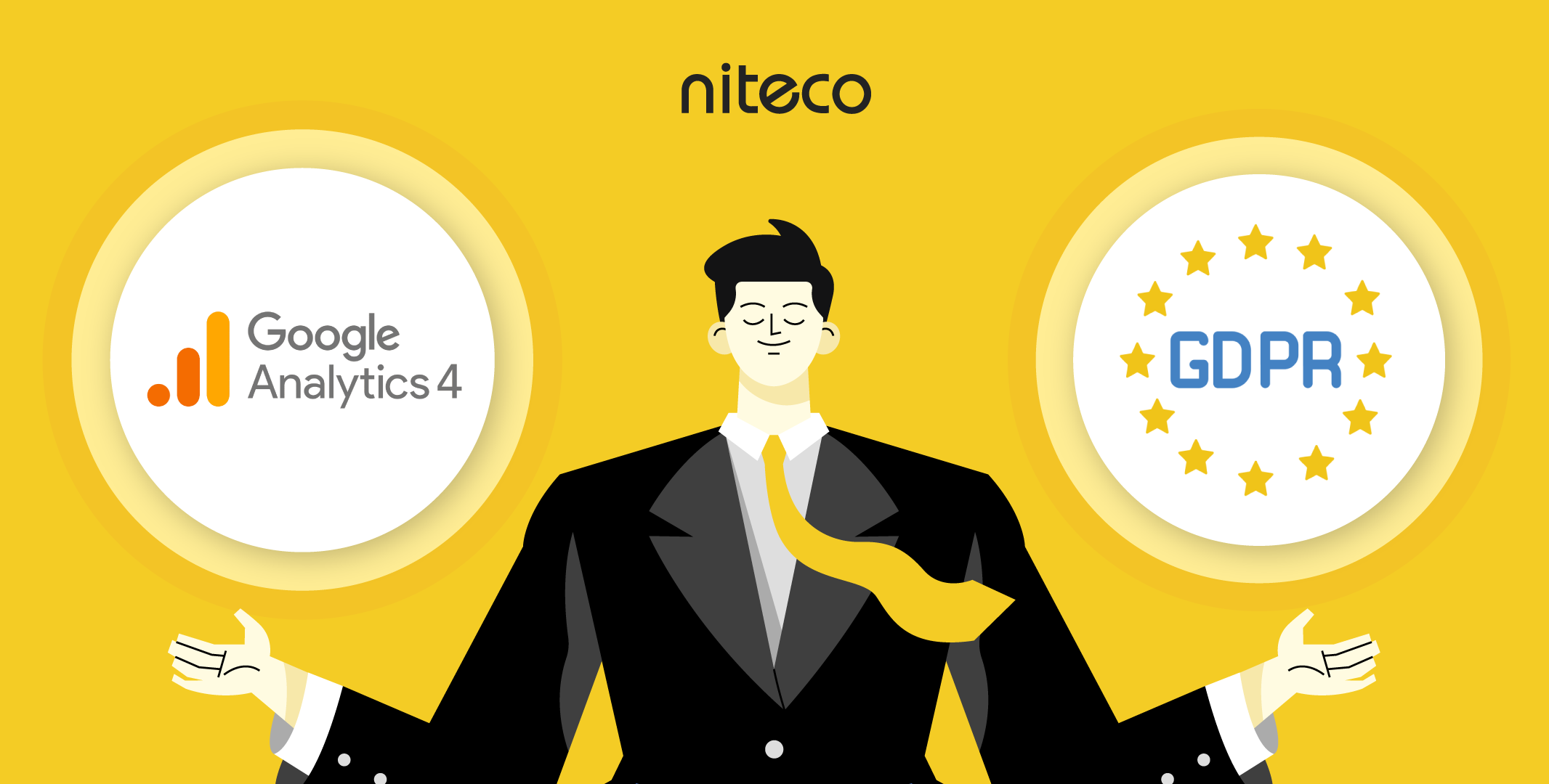 Man in suit balancing Google Analytics 4 and GDPR compliance symbols on yellow background