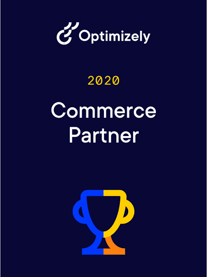 Optimizely 2020 Commerce Partner award with colorful trophy icon on dark blue background