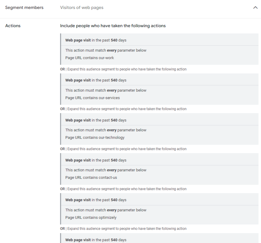 Segment members filters for web page visits containing specific URLs over 540 days