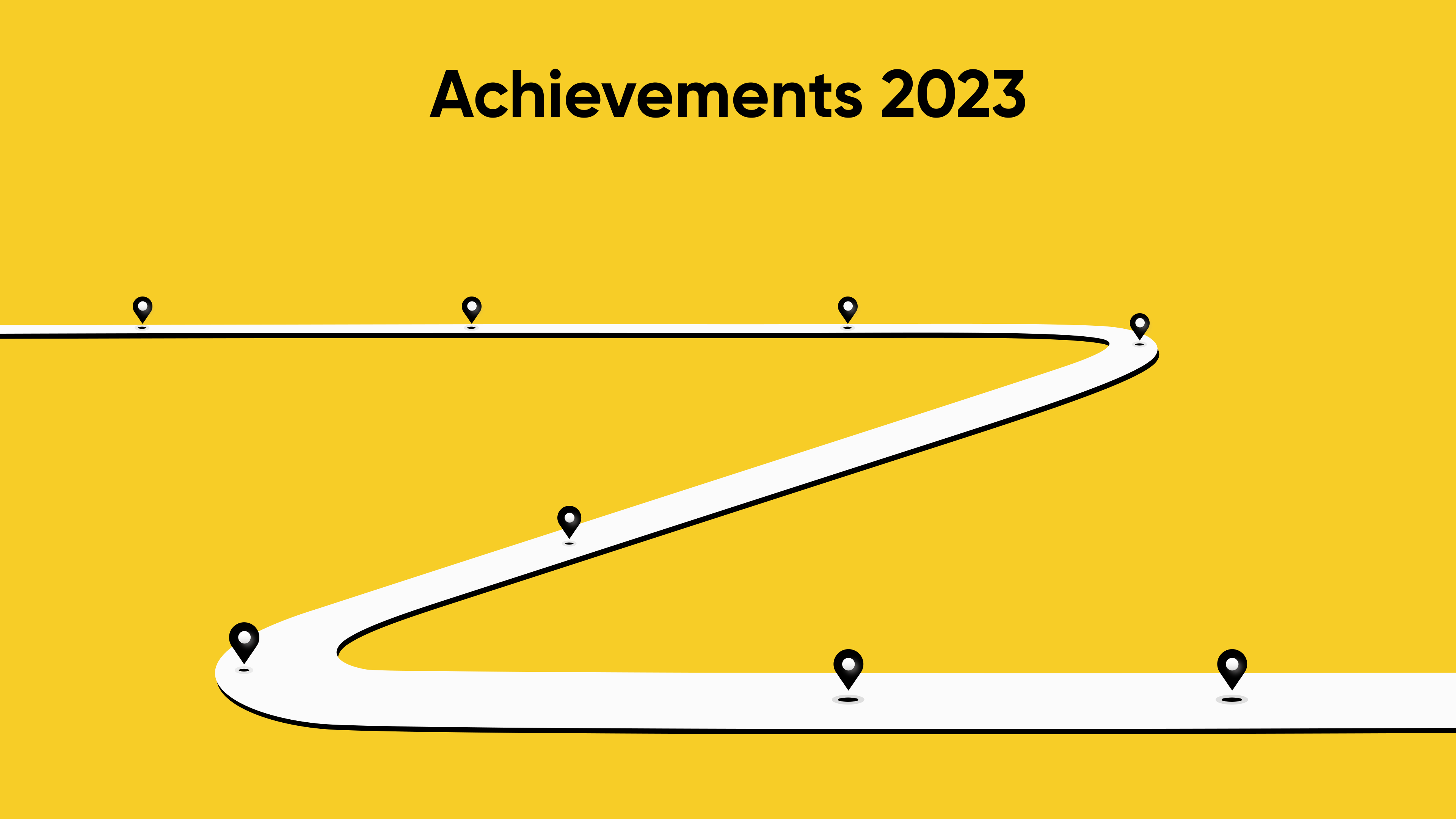 Yellow background with a winding white path and location pins for Achievements 2023