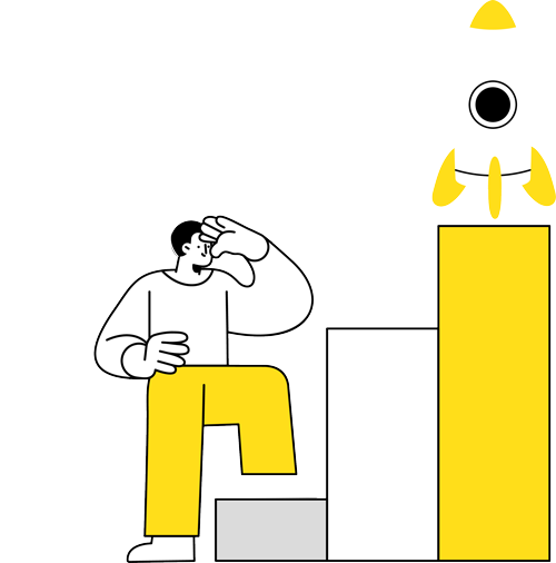 Person looking toward a rocket launching from a yellow bar, symbolizing growth and progress