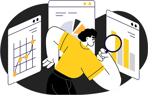 Man analyzing financial data with charts, graphs, and magnifying glass