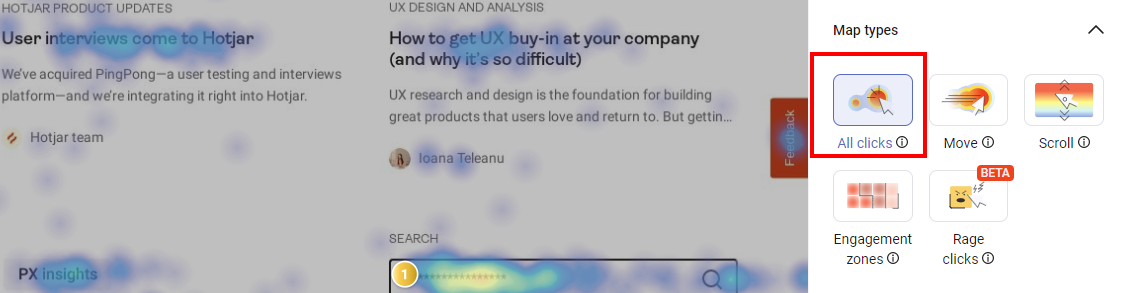Heatmap showing user clicks distribution on Hotjar product updates and UX design page