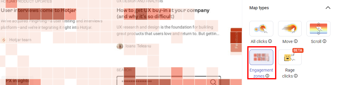 Heatmap showing user engagement zones on a webpage with highlighted click areas