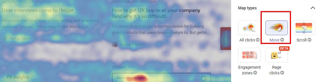Heatmap showing user movement behavior on Hotjar product updates and UX design page