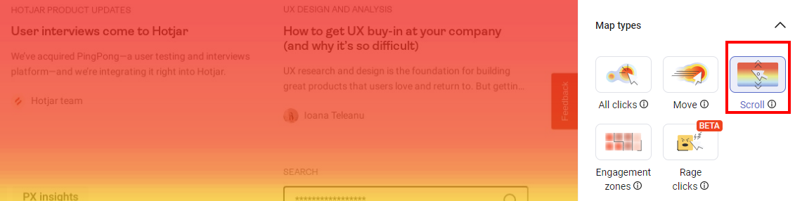 Scroll heatmap showing user interaction intensity in UX analysis on Hotjar platform