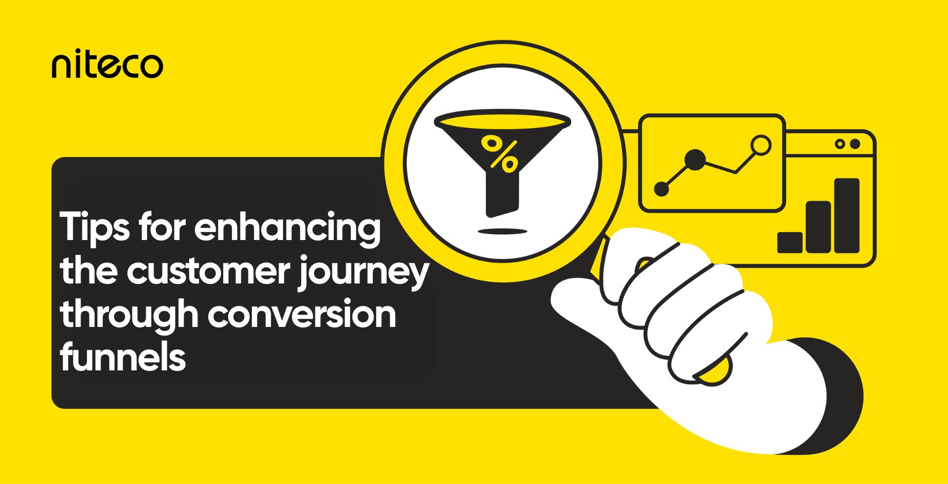 Magnifying glass over conversion funnel and charts with text about customer journey tips.