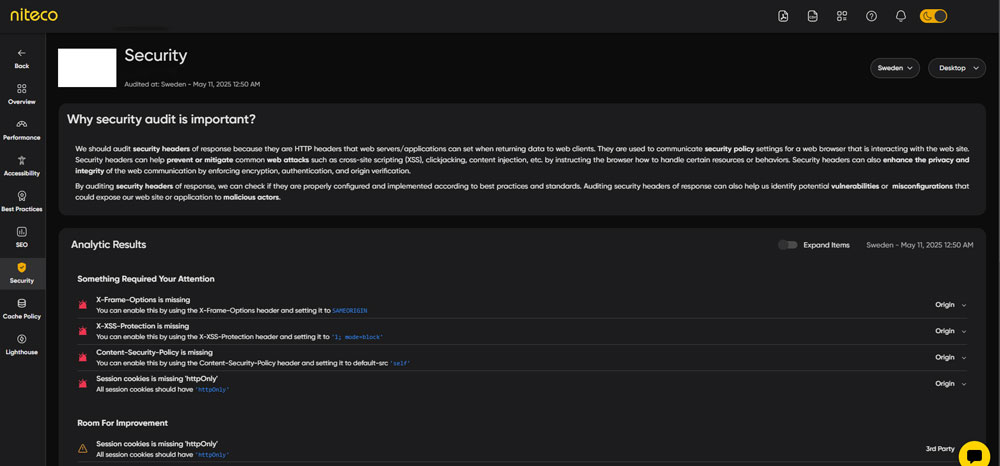 Security audit results showing missing HTTP security headers and improvements needed