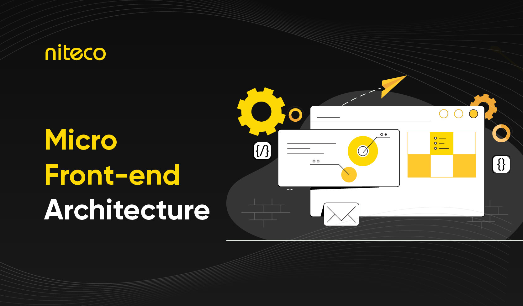 Micro Front-end Architecture concepts with coding and analytics icons on dark background