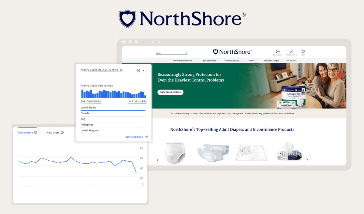 NorthShore website showcasing adult diapers, incontinence products, and user stats