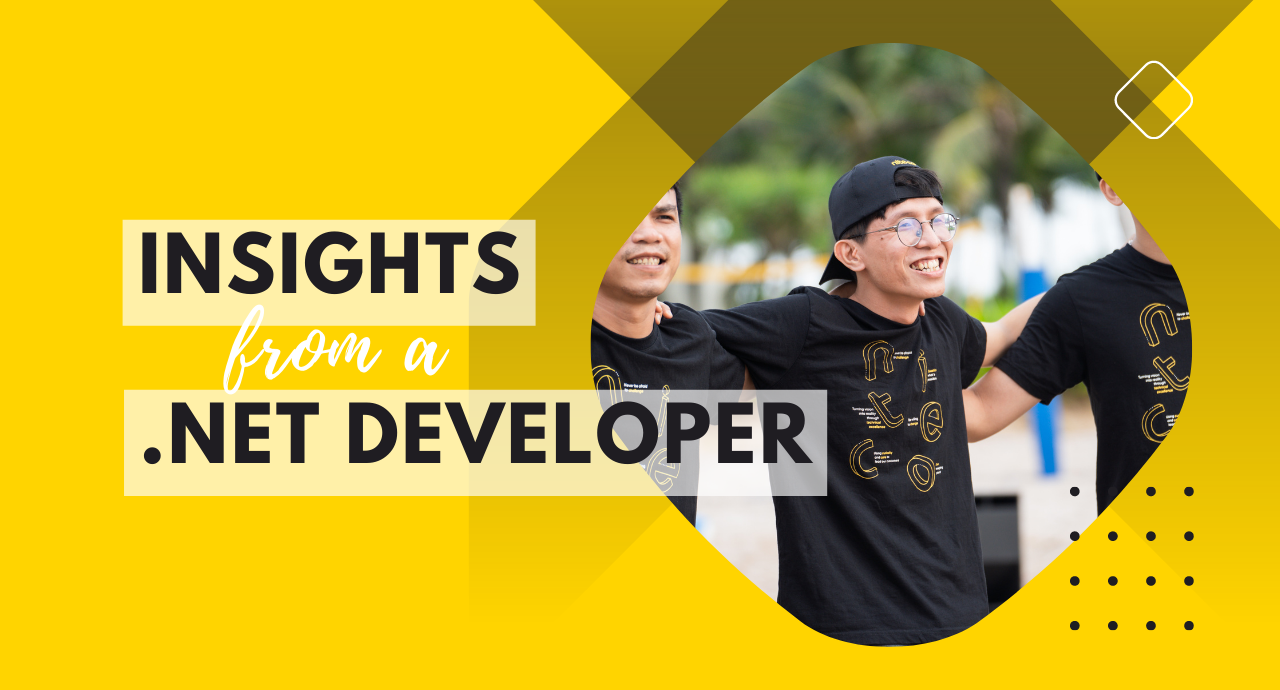 Insights from a .NET developer with a smiling team in black t-shirts outdoors