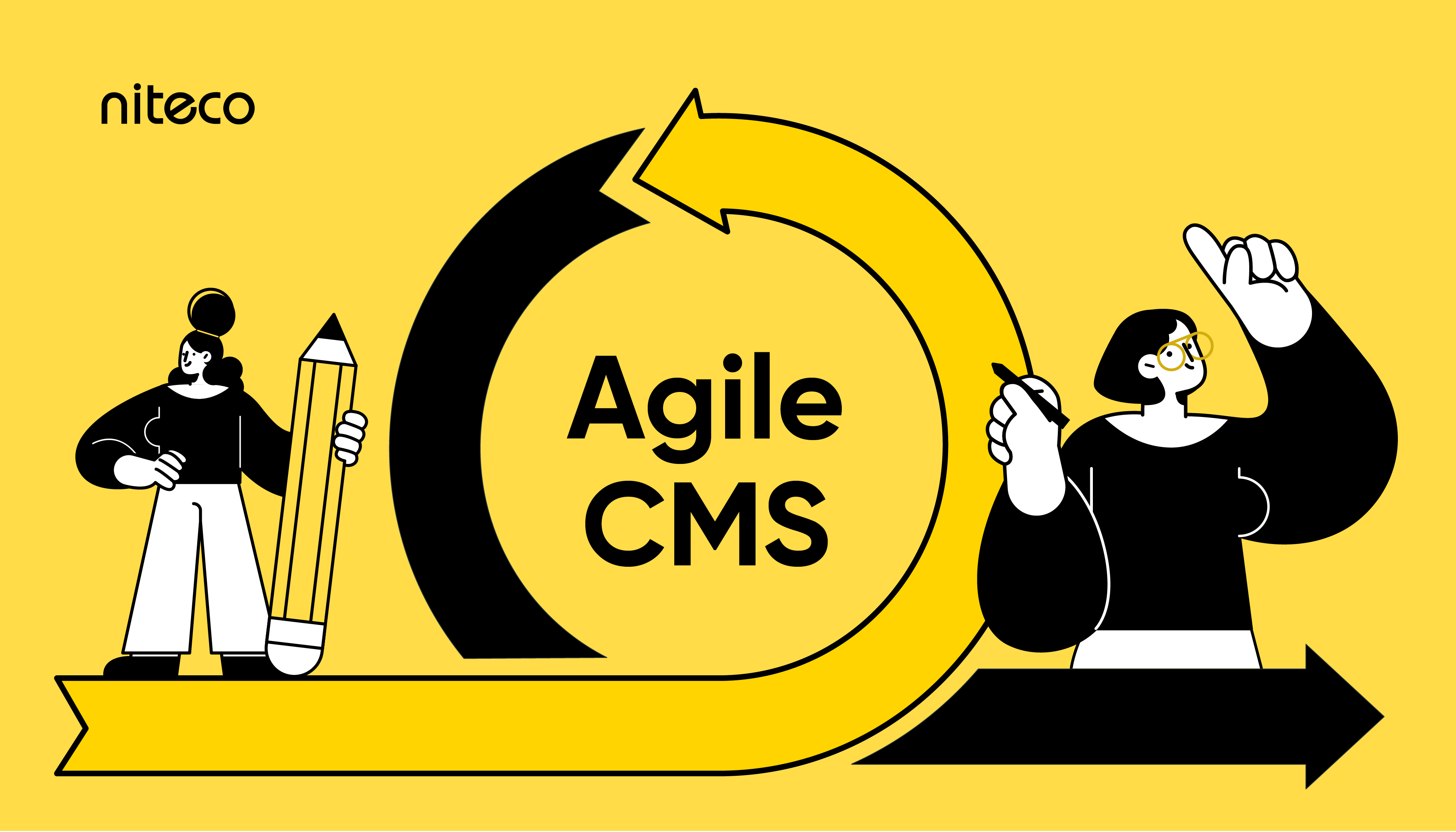 Agile CMS workflow with two characters holding pencil and pen on yellow background