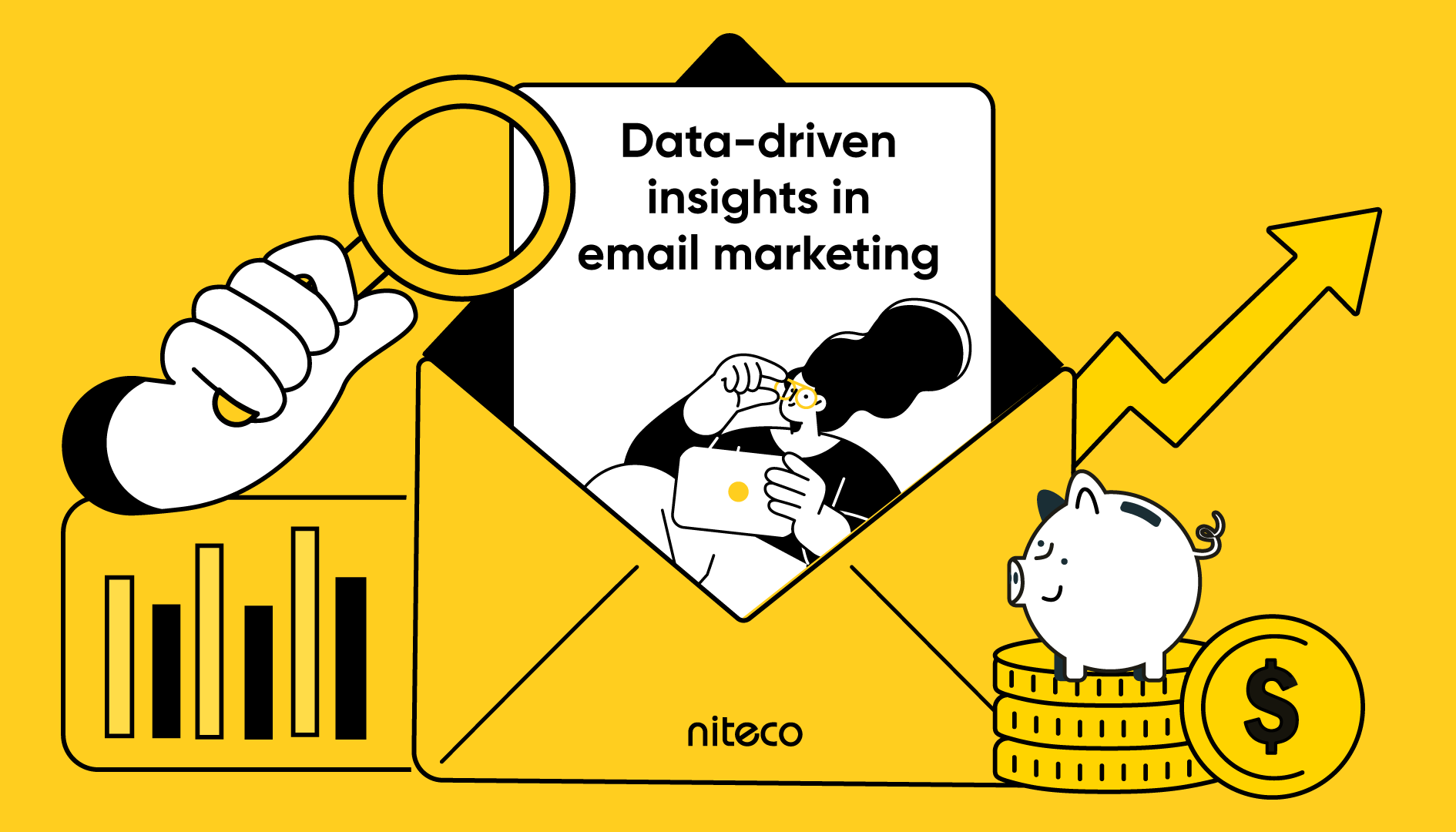 Data-driven insights in email marketing with analytics, growth, and savings icons