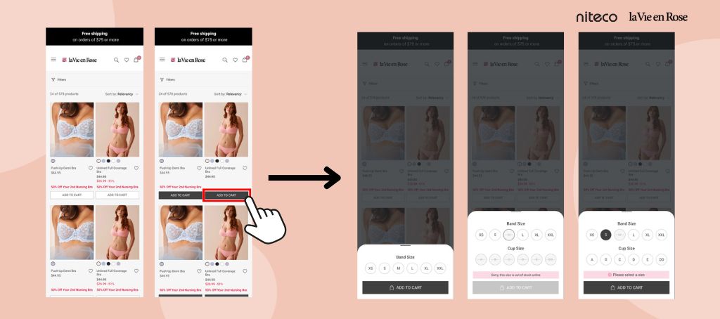 Screens showing an online bra store selecting and adding a product with size options.