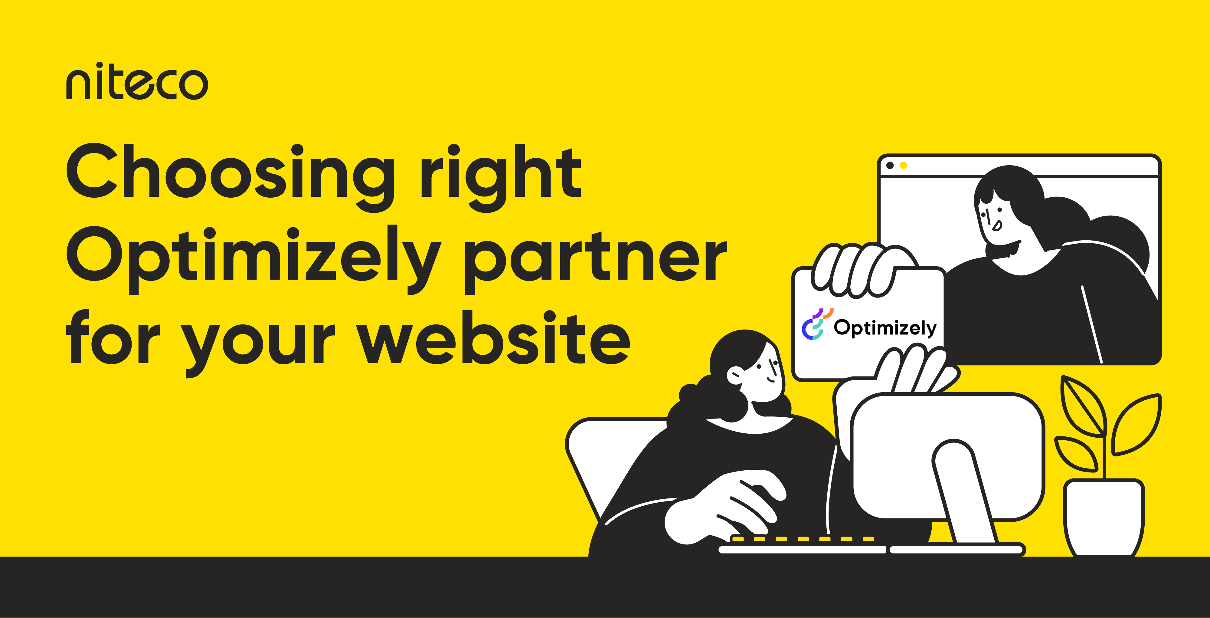 Illustration of person at computer holding card with Optimizely logo and text about choosing the right partner.