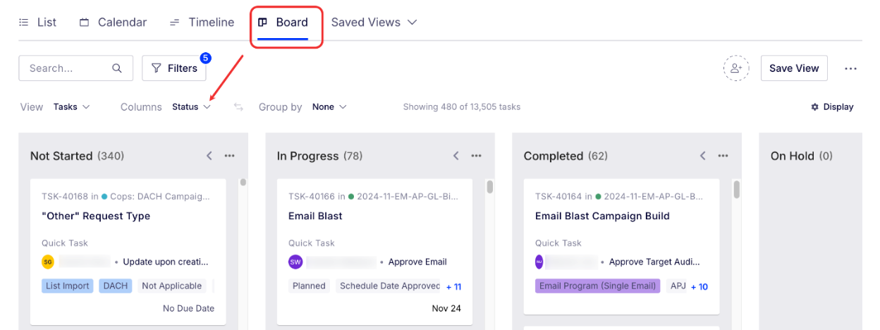 Board view of task management tool showing task status columns Not Started, In Progress, Completed, On Hold