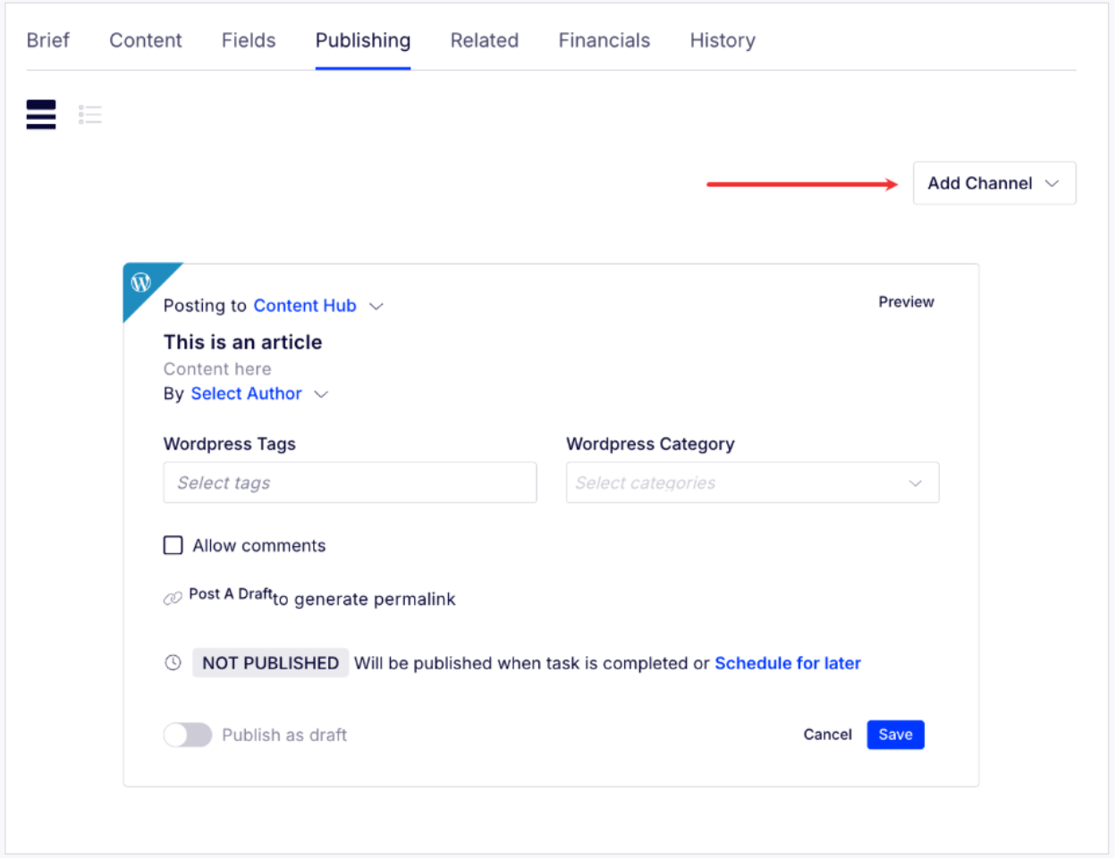 Publishing tab with article settings including tags, category, comments, and publish options.