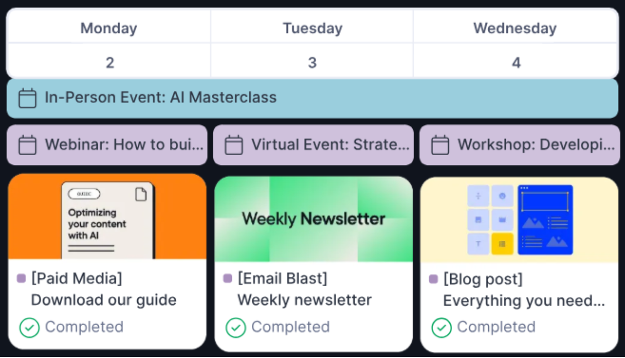 Calendar showing AI Masterclass on Monday and completed tasks for paid media guide, email newsletter, and blog post from M...