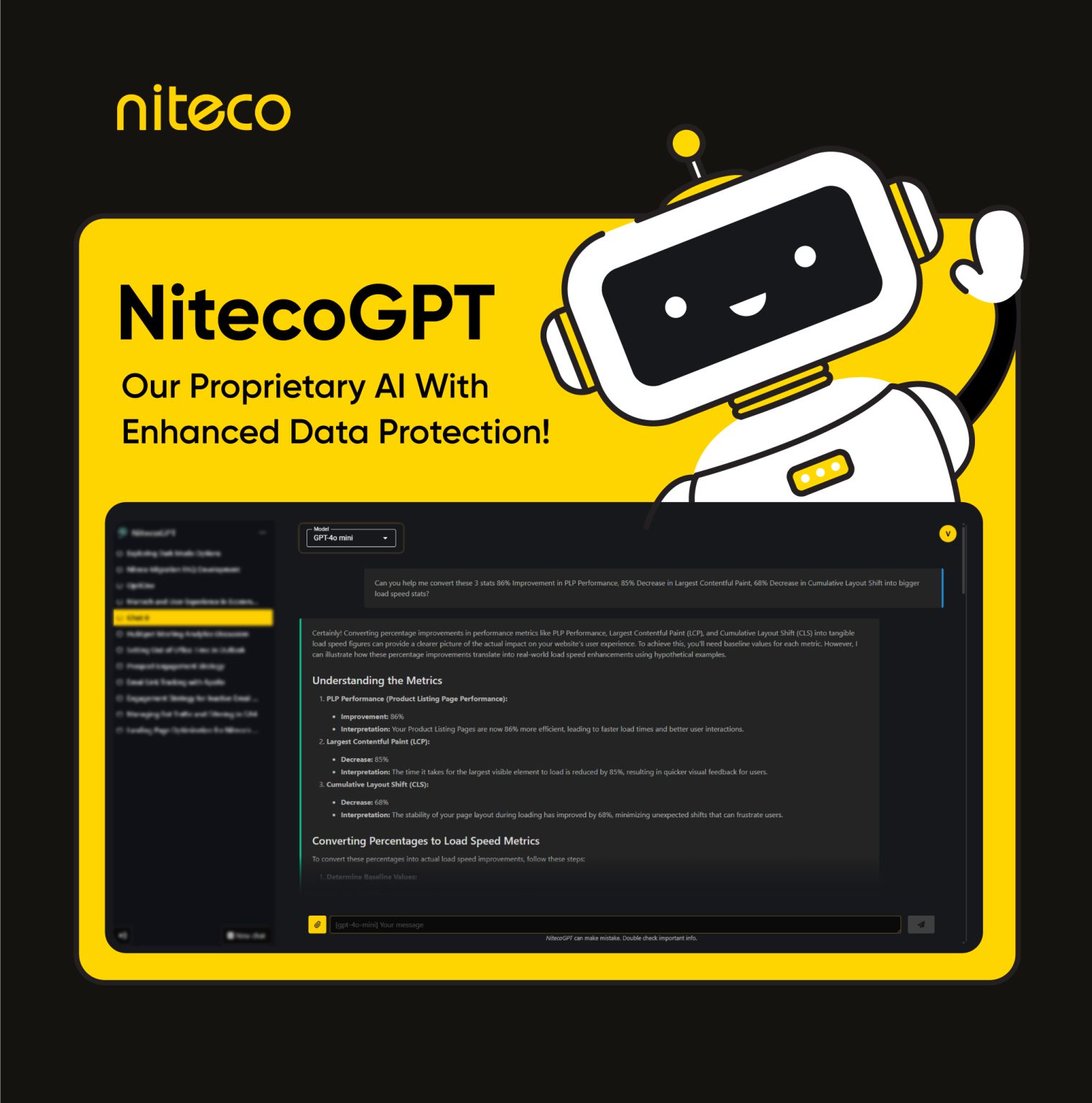 NitecoGPT AI chatbot interface showcasing enhanced data protection and performance metrics