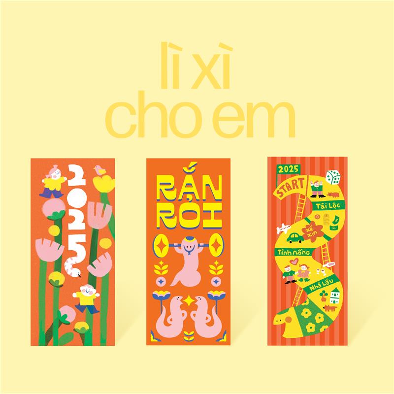 Lì xì cho em 2025 envelopes with colorful Tet symbols and games