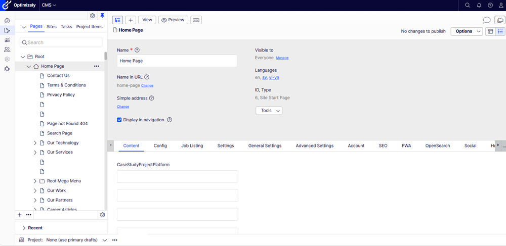 Optimizely CMS Home Page settings with navigation and content tabs visible