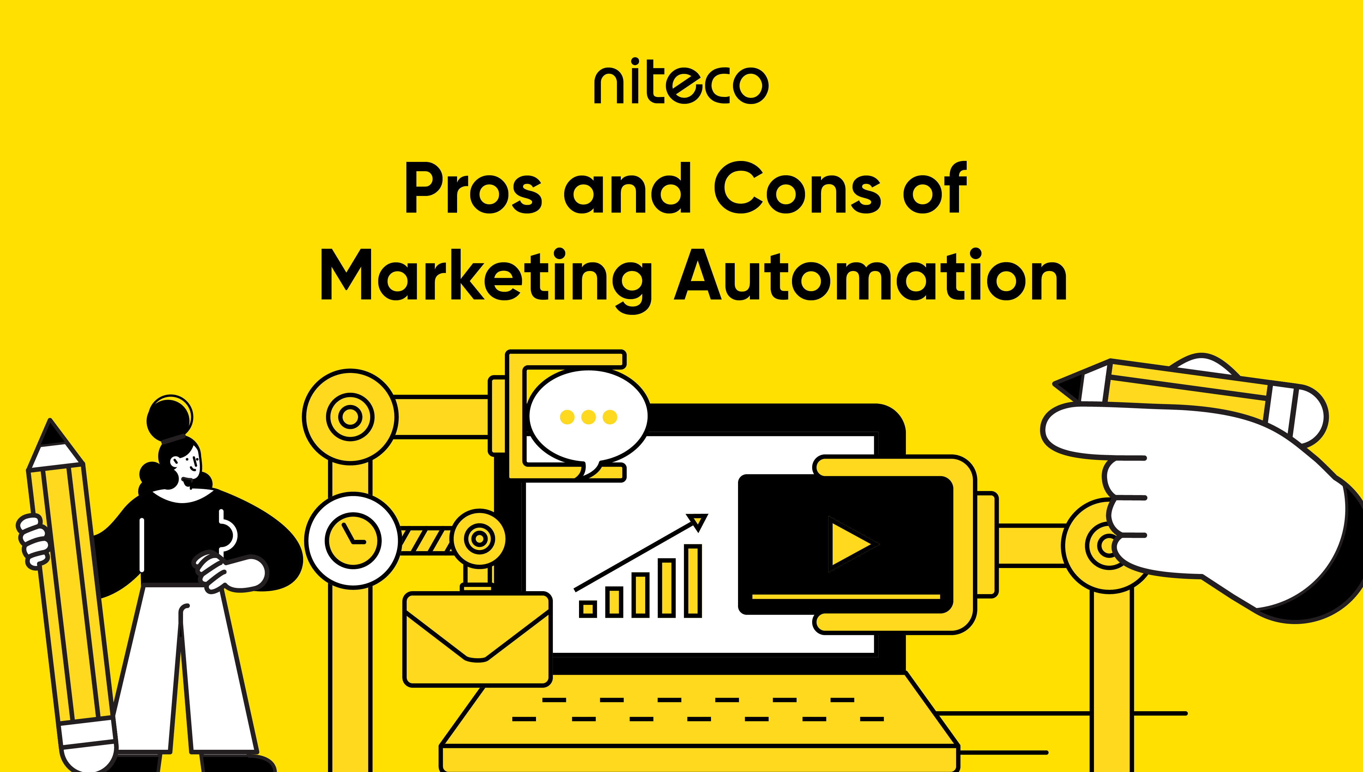 Pros and Cons of Marketing Automation with graph, email, and video icons on yellow