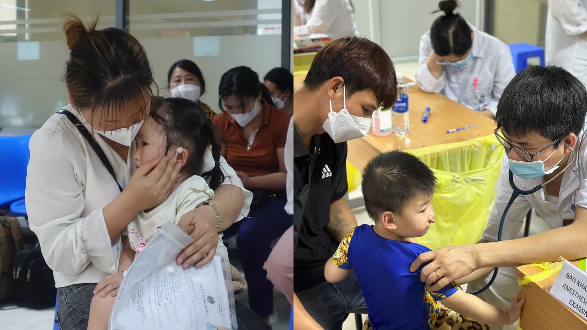 Mother comforting child with hearing aid and doctor examining boy in medical clinic