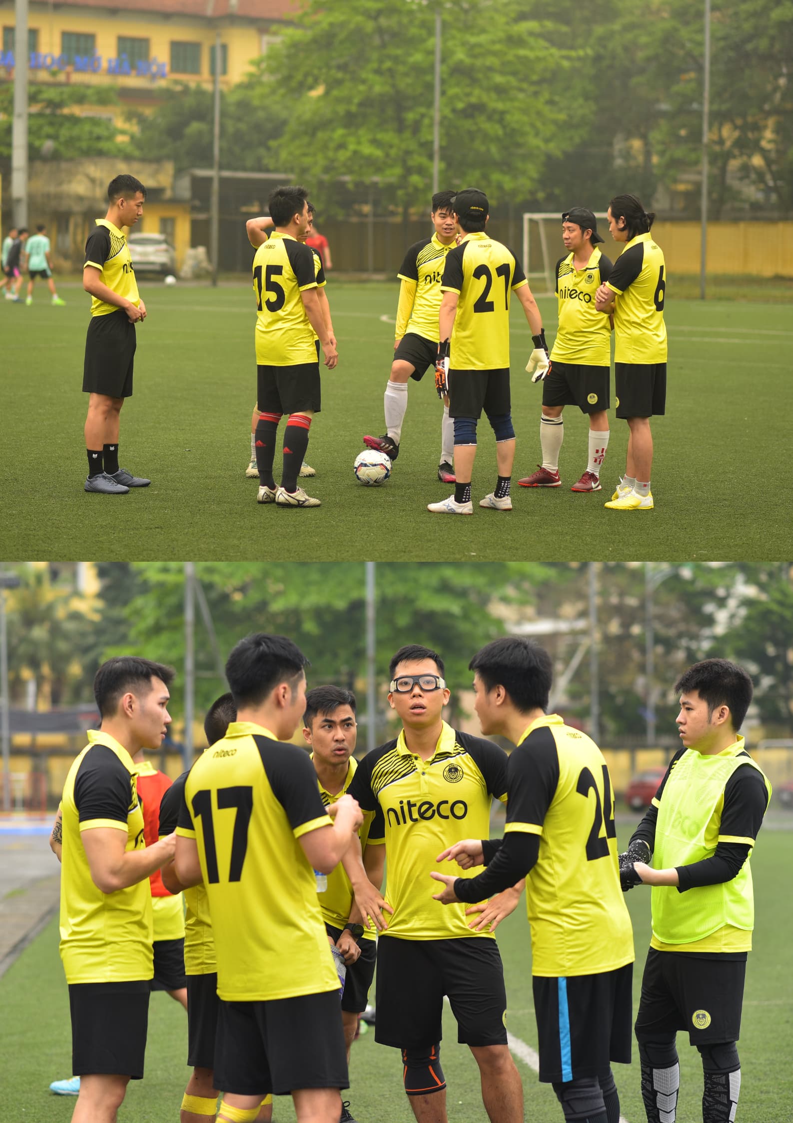 Niteco football team strategizing and warming up on a green soccer field