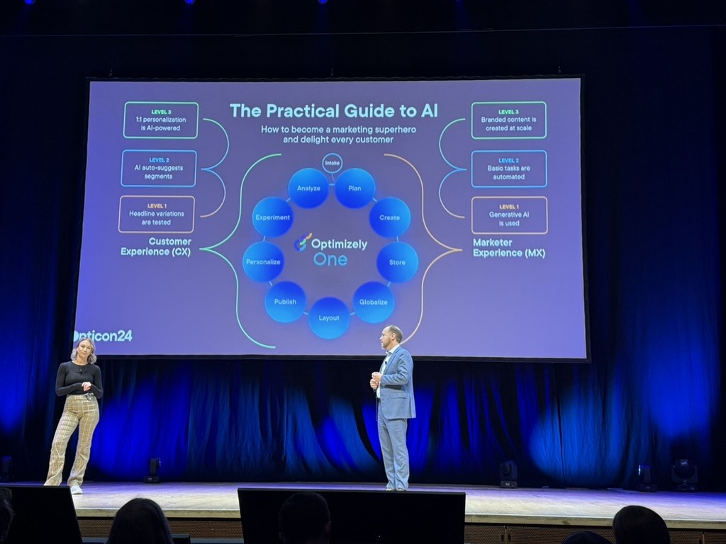 The Practical Guide to AI showing Customer and Marketer Experience levels on stage