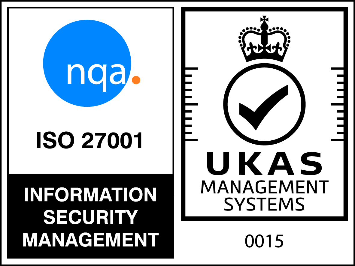 NQA ISO 27001 certification mark with UKAS management systems logo for security