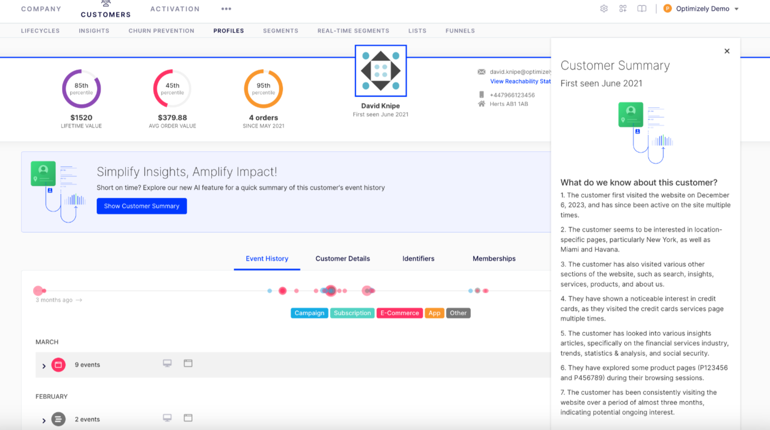 Customer profiles dashboard showing lifetime value, orders, and event history details