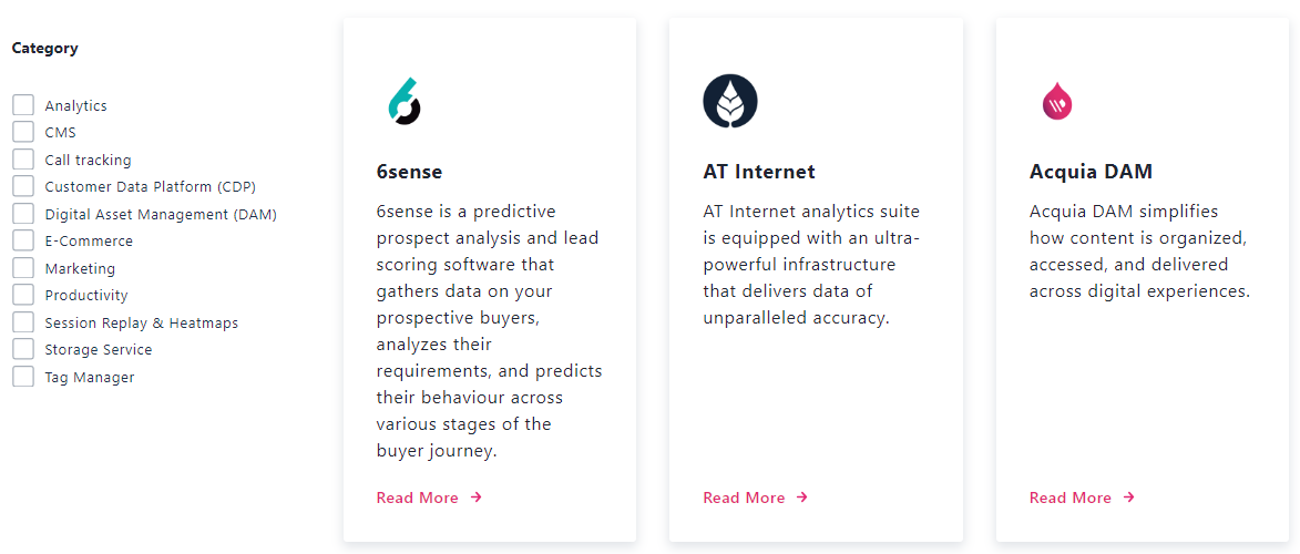Checkbox filters for categories like Analytics, CMS, and Digital Asset Management options.