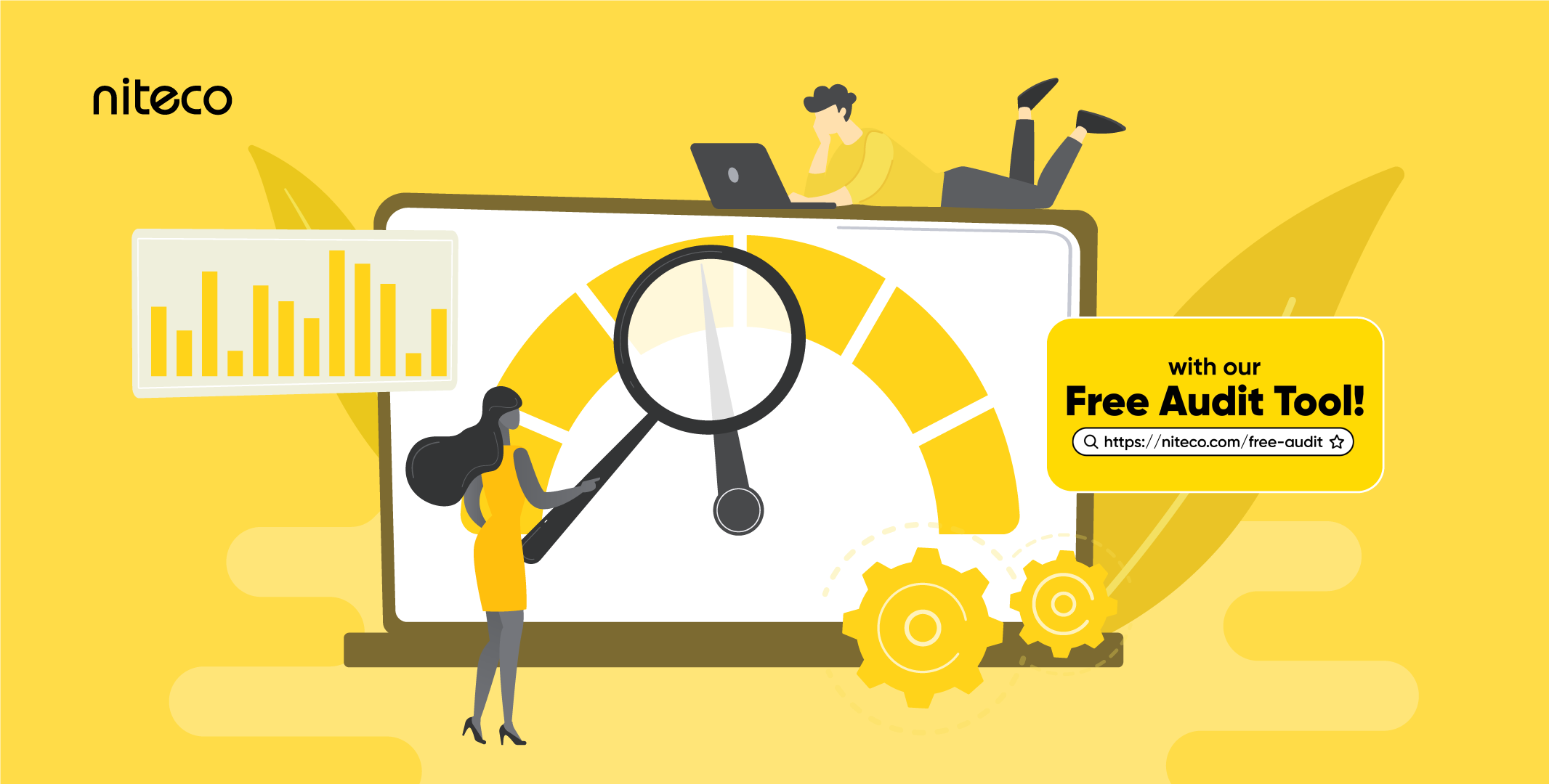 Niteco Free Audit Tool with performance gauge and data analysis on laptop screen