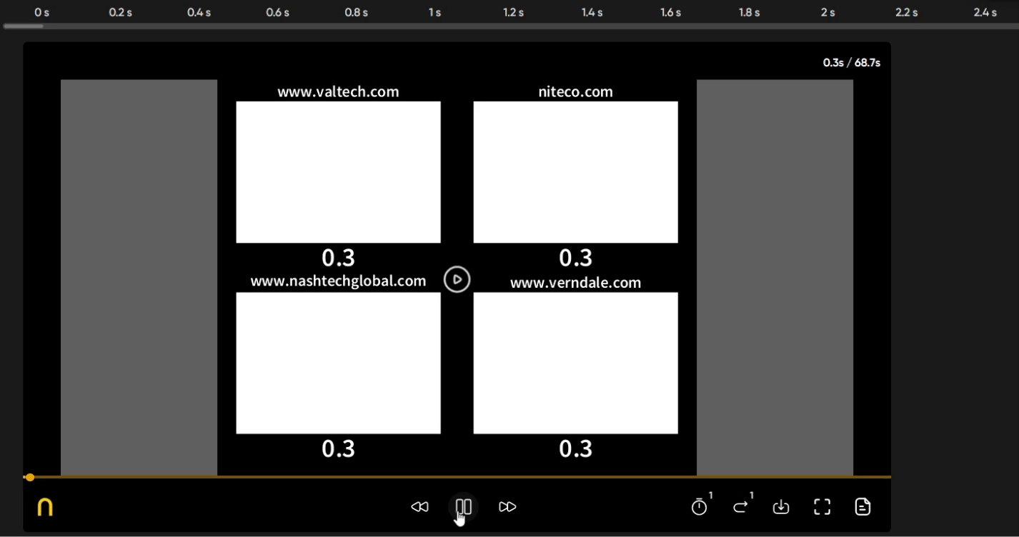 Playback interface showing network request timings for domains with 0.3 seconds load time.