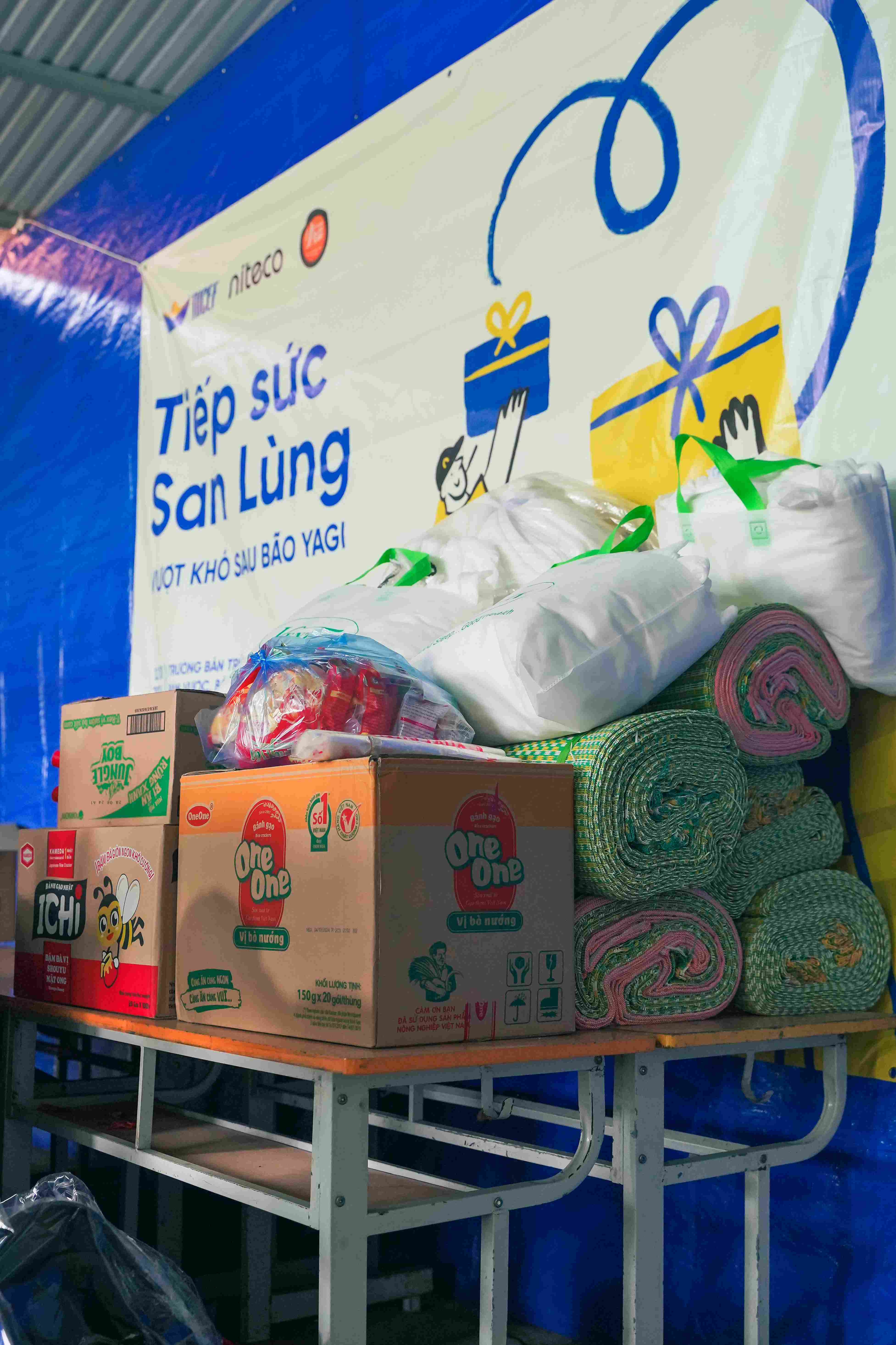 Relief supplies including food and mats for Tiếp sức San Lùng after storm Yagi